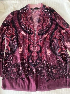 Talbots Pink Plum Paisley Open Front Cardigan